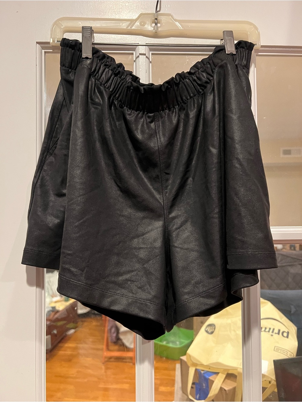Athleta Black High-Waist Faux Leather Paperbag Shorts